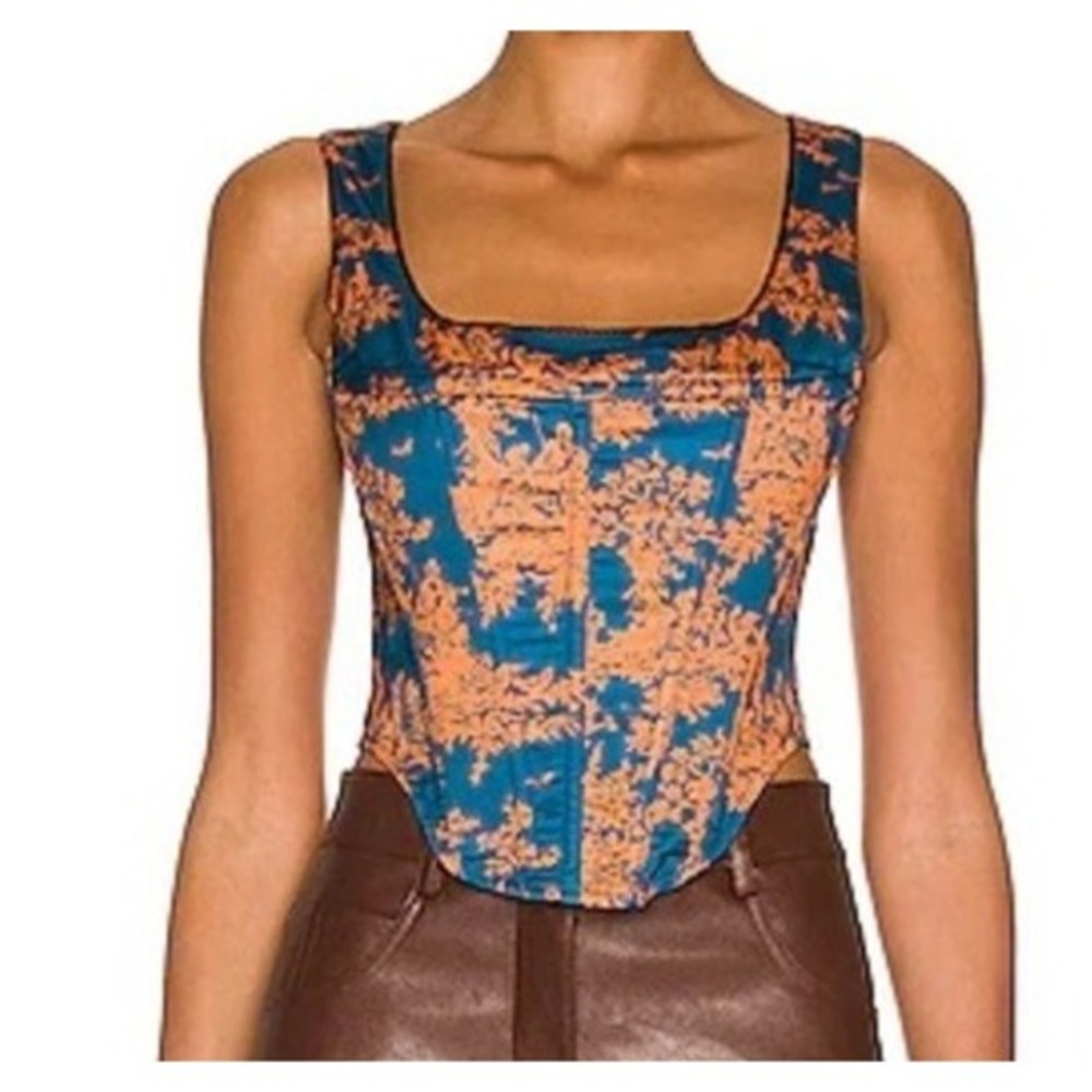 Miaou Corset Top Teal Orange Toile Print Square Neck Sleeveless Zipper Back XXXL